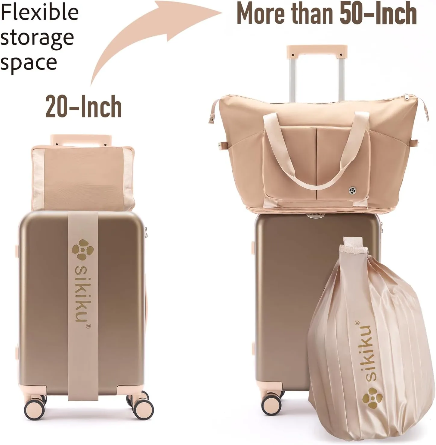4-Piece Lightweight Luggage Sets for Women, Hardshell Spinner Suitcase with TSA Lock, Expandable Duffel Bag, Luggage Strap, and Leather TagTitanium Gold, 20inch)