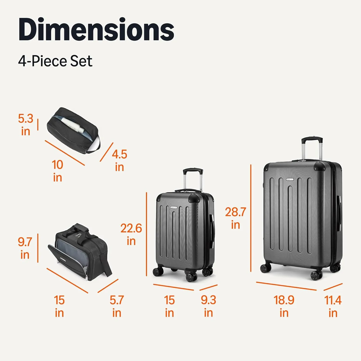 Amazon Basics 4-Piece Luggage Set, Including Two Hardside Suitcases With Multi-directional Spinner Wheels (22" Carry-On and 28" Checked), 15" Tote Bag and 10" Compact Travel Bag, Black