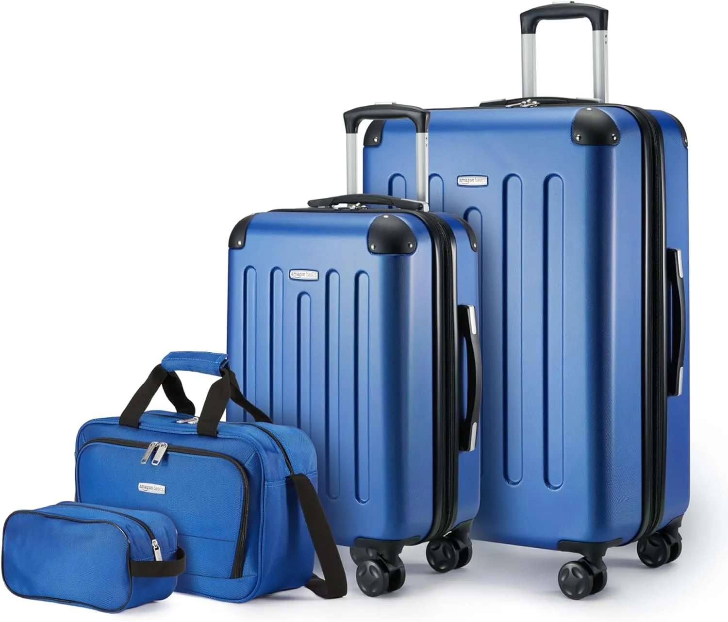 Amazon Basics 4-Piece Luggage Set, Including Two Hardside Suitcases With Multi-directional Spinner Wheels (22" Carry-On and 28" Checked), 15" Tote Bag and 10" Compact Travel Bag, Navy Blue