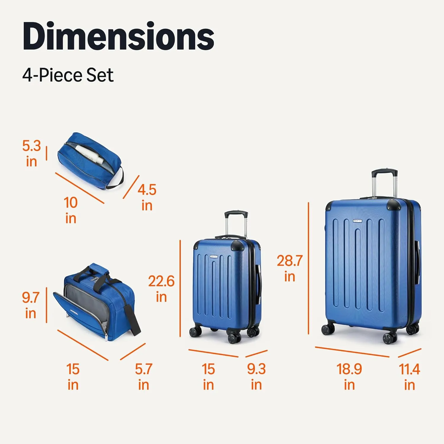 Amazon Basics 4-Piece Luggage Set, Including Two Hardside Suitcases With Multi-directional Spinner Wheels (22" Carry-On and 28" Checked), 15" Tote Bag and 10" Compact Travel Bag, Navy Blue