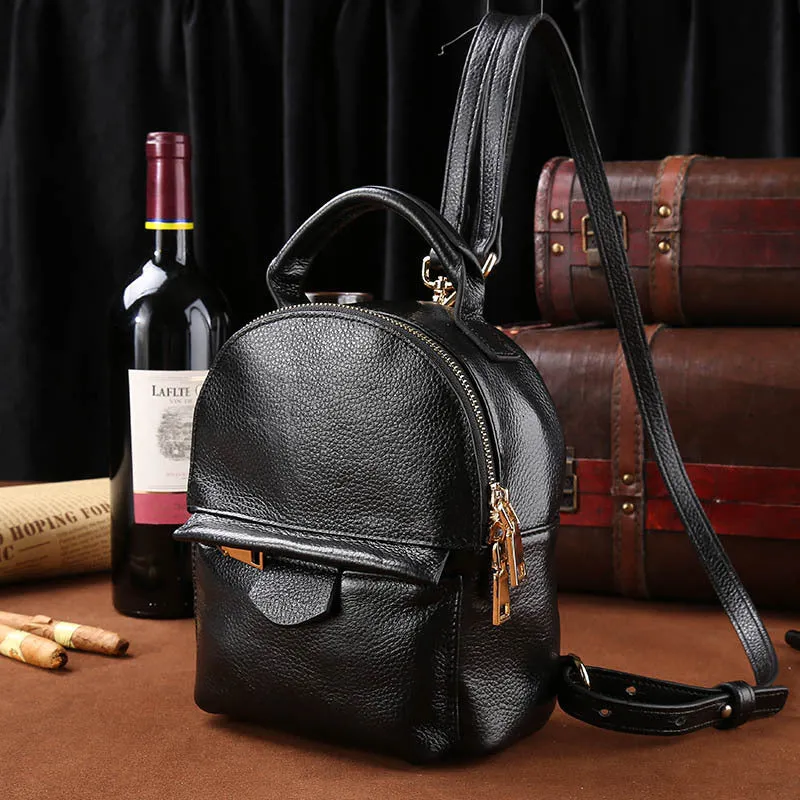 Handmade Black Mini Leather Backpack for Women 0181