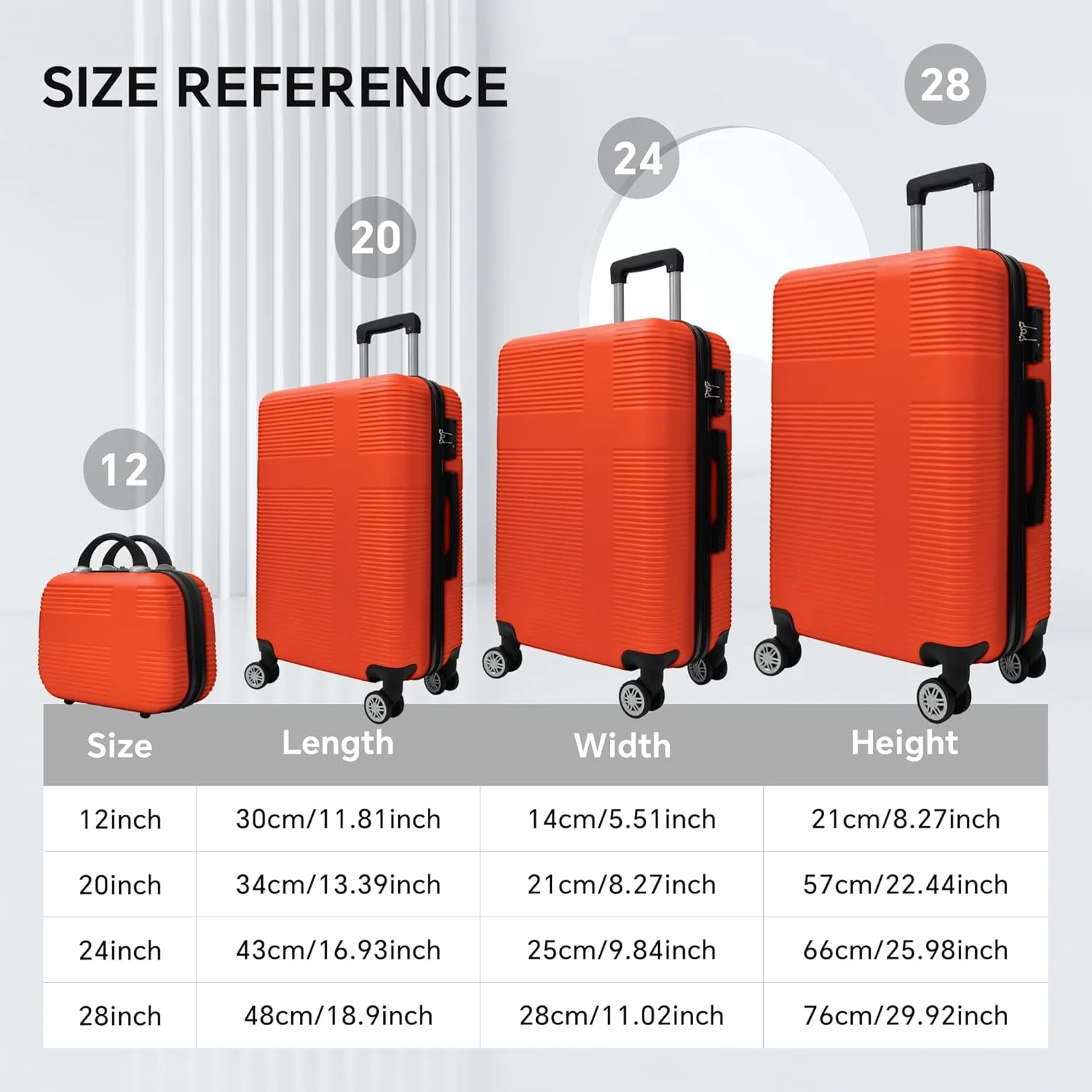 Hardshell Luggage Sets 4 Piece,Lightweight Luggage sets with Spinner Wheels,Travel Rolling Suitcase Clearance with TSA Lock for Women Men,Orange(12/20/24/28inch)
