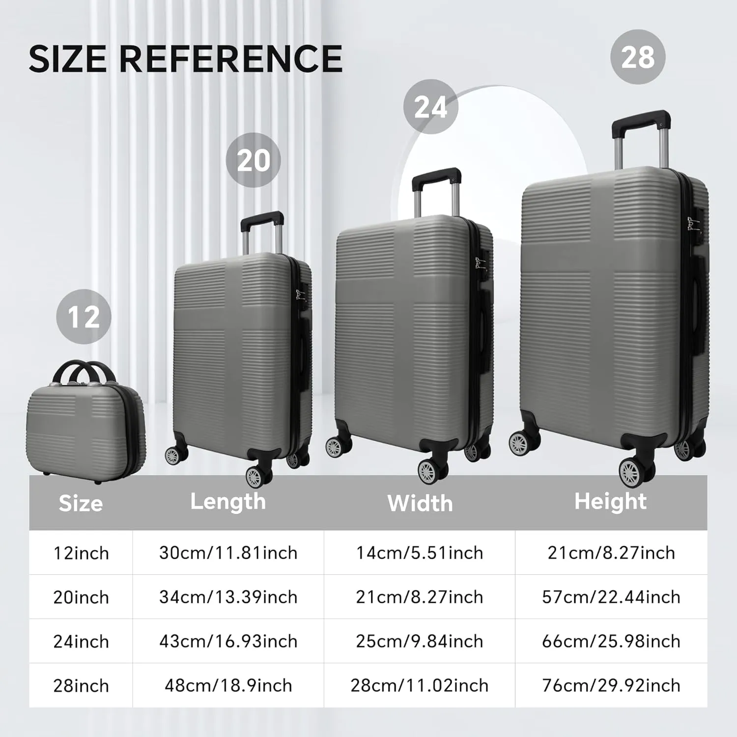 Hardshell Luggage Sets 4 Piece,Lightweight Luggage sets with Spinner Wheels,Travel Rolling Suitcase Clearance with TSA Lock for Women Men,Silver Grey(12/20/24/28inch)
