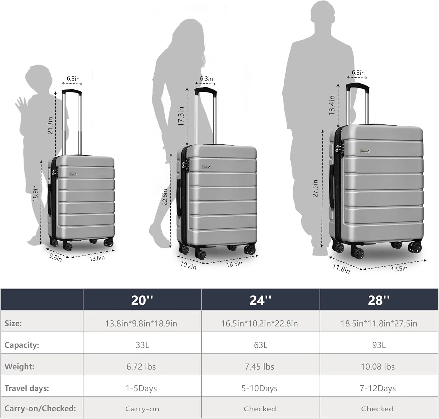 Hardside Expandable Spinner Wheels Luggage Suitcase W/TSA Lock, Silver, 001-3pcs