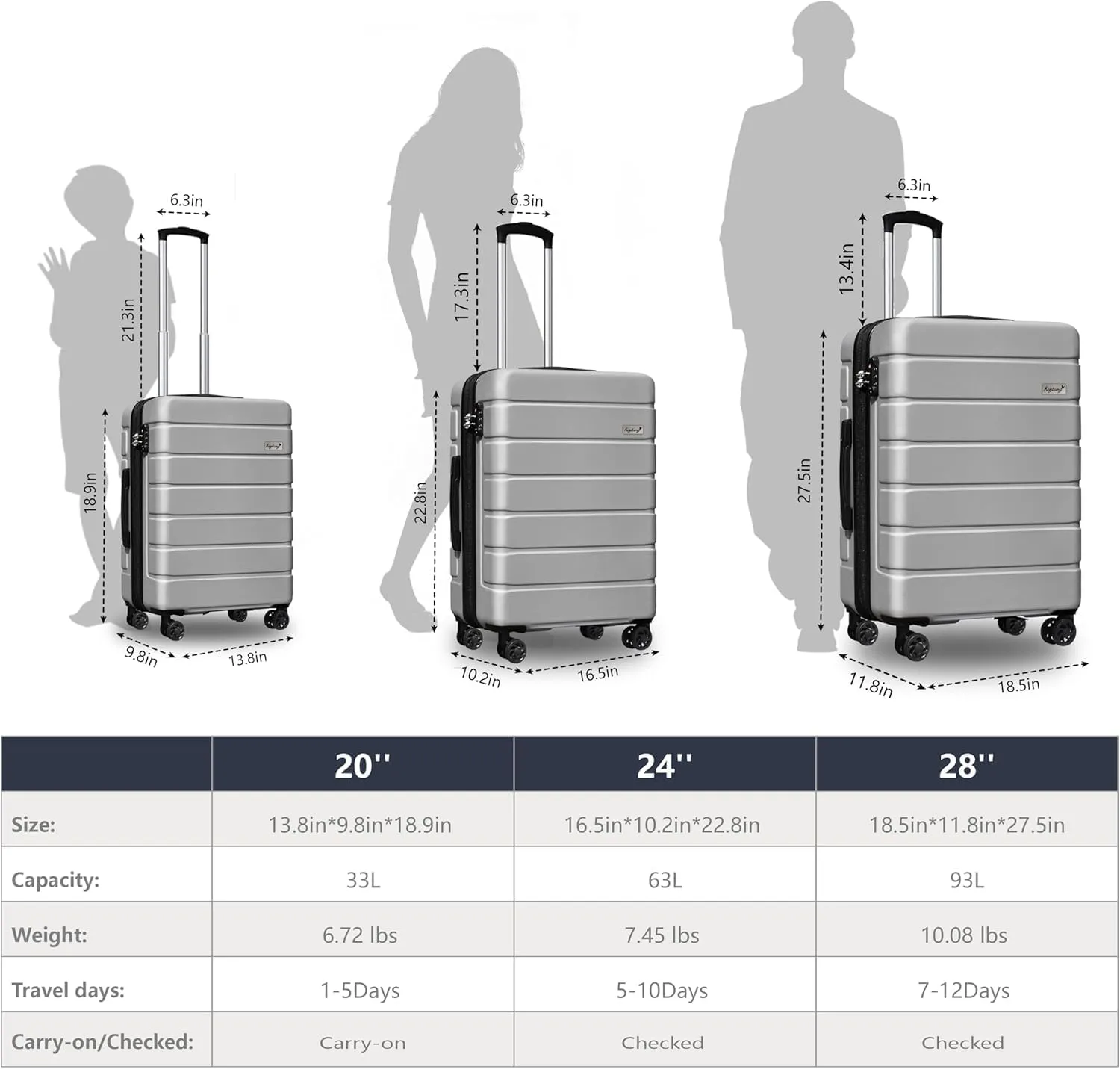 Hardside Expandable Spinner Wheels Luggage Suitcase W/TSA Lock, Silver, 001-3pcs