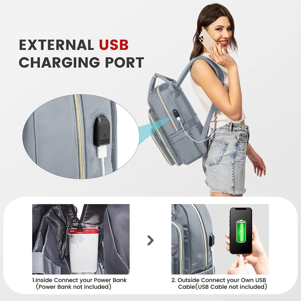 LOVEVOOK Laptop Backpack for Women, Water Resistant Travel Work Backpacks Purse Stylish Business Teacher Nurse Computer Bag with USB Charging Port,Gray