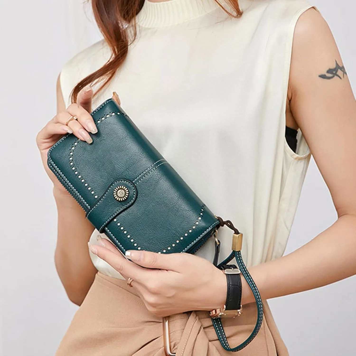 Rfid Wallet Women, Leather Wristlet Wallets, Bifold Rfid Blocking Large Capacity Zip Around Credit Card Wallet Clutch Purses
