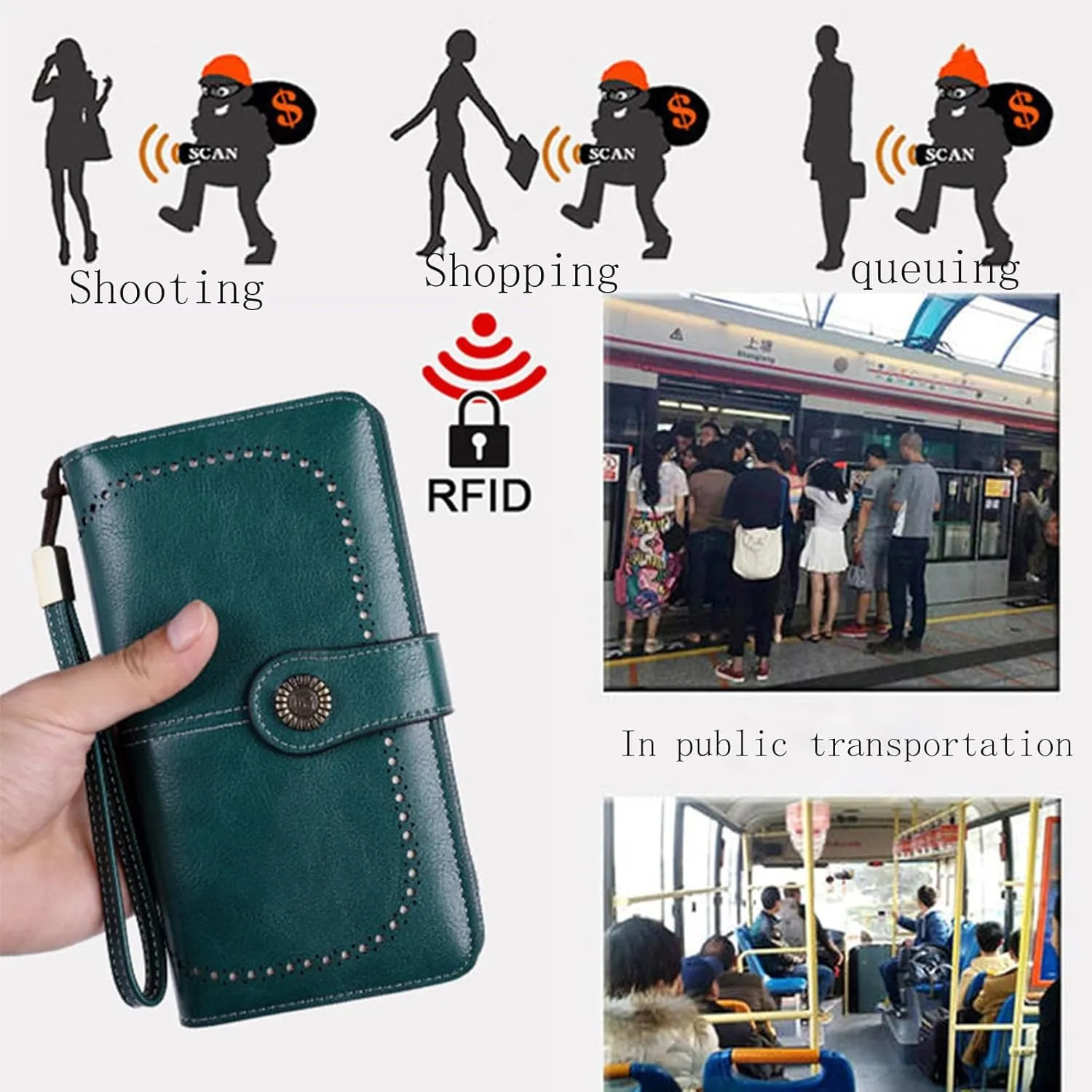 Rfid Wallet Women, Leather Wristlet Wallets, Bifold Rfid Blocking Large Capacity Zip Around Credit Card Wallet Clutch Purses