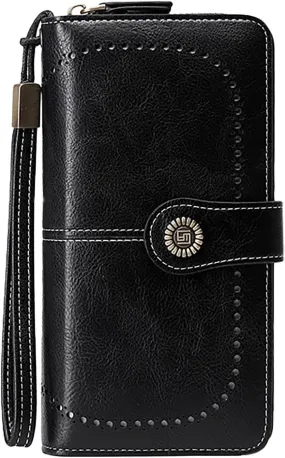 Rfid Wallet Women, Leather Wristlet Wallets, Rfid Blocking Zip Around Large Capacity Bifold Credit Card Wallet Clutch Purses