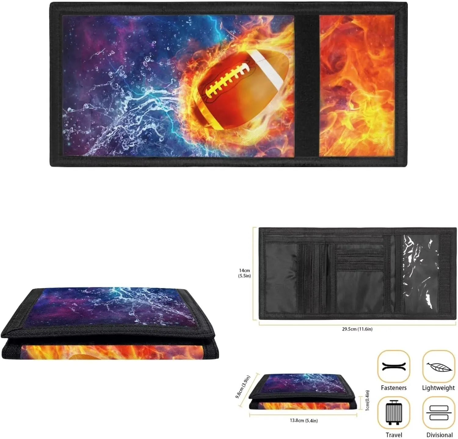 Rnyleeg Kids Wallet for Boys & Girls,Sport Theme Trifold Wallet with Coin Pocket,Cash Pocket Novelty Wallet for Childrens Gifts, Fire American Football, Casual