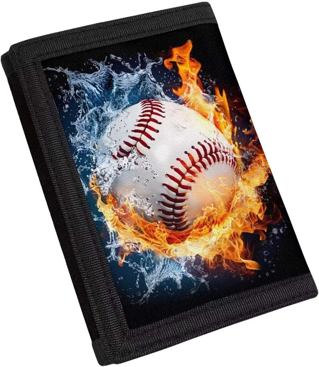 Rnyleeg Kids Wallet for Boys & Girls,Sport Theme Trifold Wallet with Coin Pocket,Cash Pocket Novelty Wallet for Childrens Gifts, Fire and Water Baseball, Casual