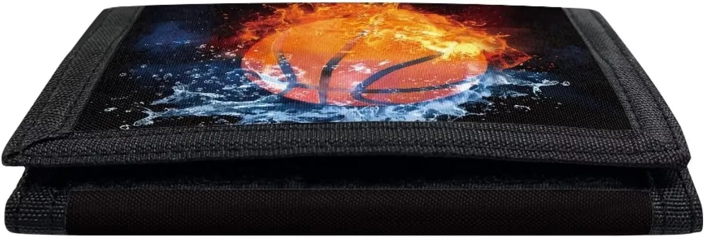 Rnyleeg Kids Wallet for Boys & Girls,Sport Theme Trifold Wallet with Coin Pocket,Cash Pocket Novelty Wallet for Childrens Gifts, Fire and Water Basketball, Casual
