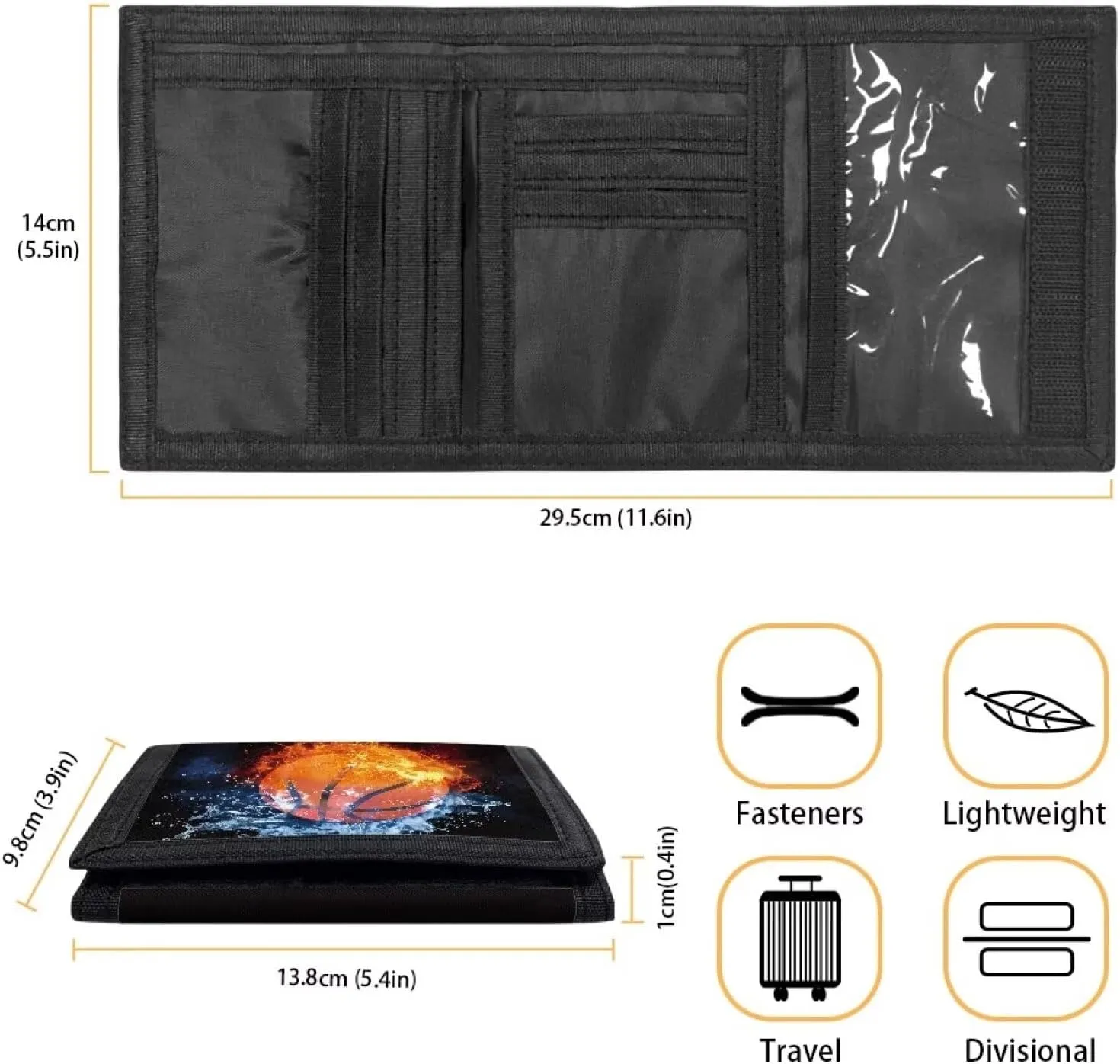 Rnyleeg Kids Wallet for Boys & Girls,Sport Theme Trifold Wallet with Coin Pocket,Cash Pocket Novelty Wallet for Childrens Gifts, Fire and Water Basketball, Casual