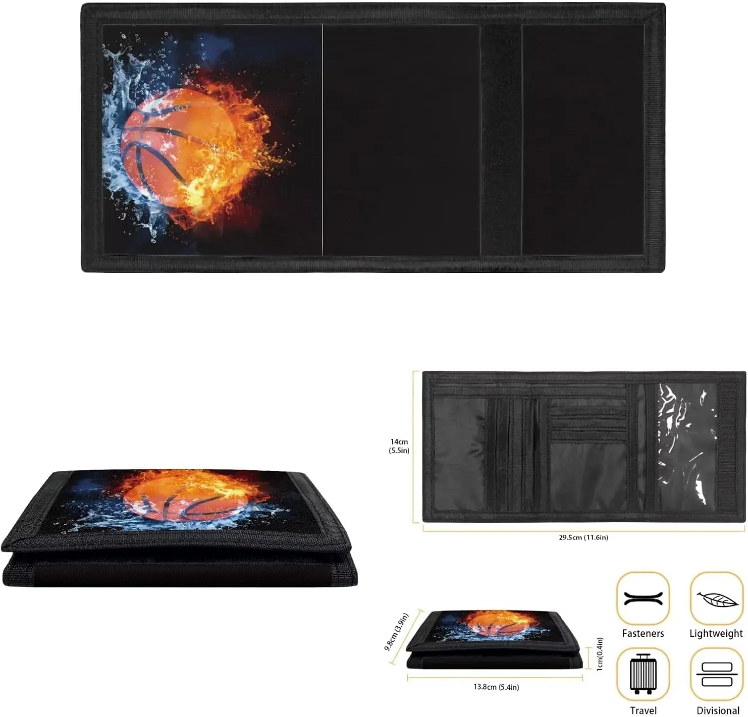 Rnyleeg Kids Wallet for Boys & Girls,Sport Theme Trifold Wallet with Coin Pocket,Cash Pocket Novelty Wallet for Childrens Gifts, Fire and Water Basketball, Casual