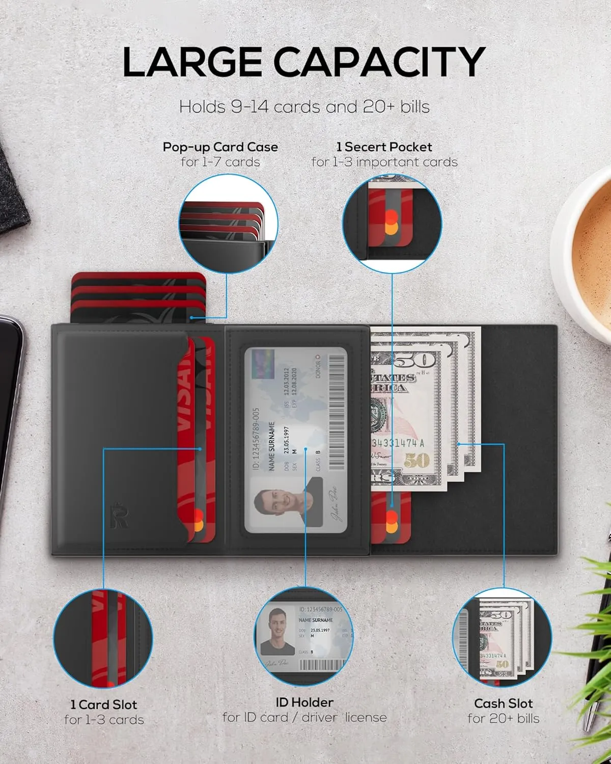 ROYAL KIT Mens Wallet Card Holder - Smart Wallet for Men, Pop Up Card Case, Top Grain Leather, RFID Blocking, Slim, Minimalist, Ultra-Thin, Front Pocket, 12 Card Capacity | ID Window | Cash Slot,