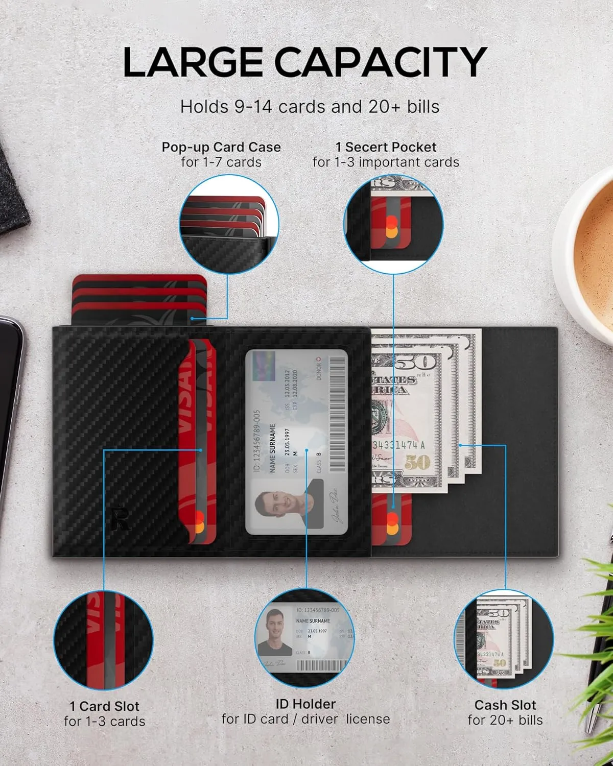 ROYAL KIT Mens Wallet Card Holder - Smart Wallet for Men, Pop Up Card Case, Top Grain Leather, RFID Blocking, Slim, Minimalist, Ultra-Thin, Front Pocket, 12 Card Capacity | ID Window | Cash Slot,