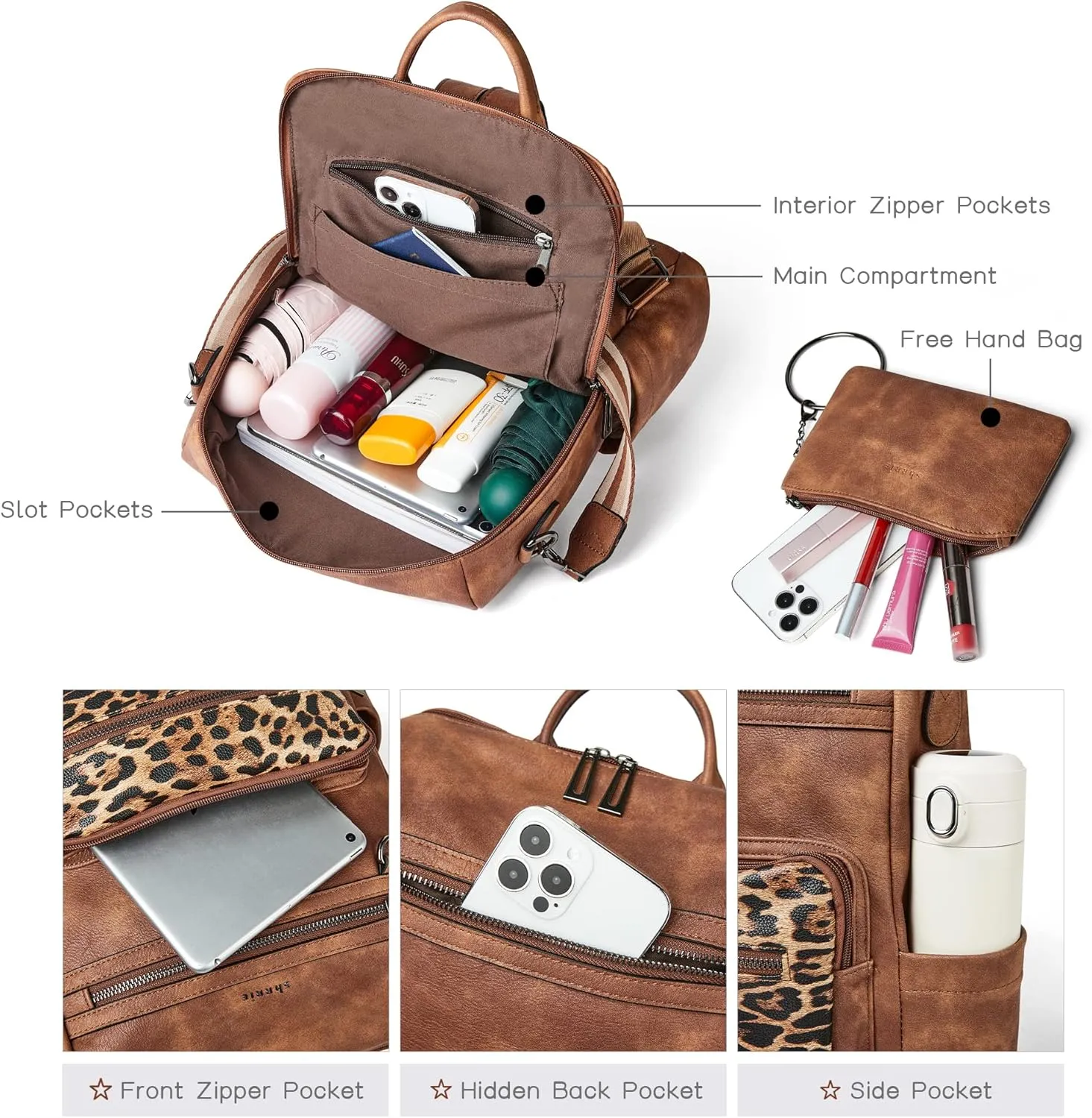 Shrrie Backpack Purse for Women Leather Backpack Fashion Designer Travel Backpack Convertible Shoulder Bag