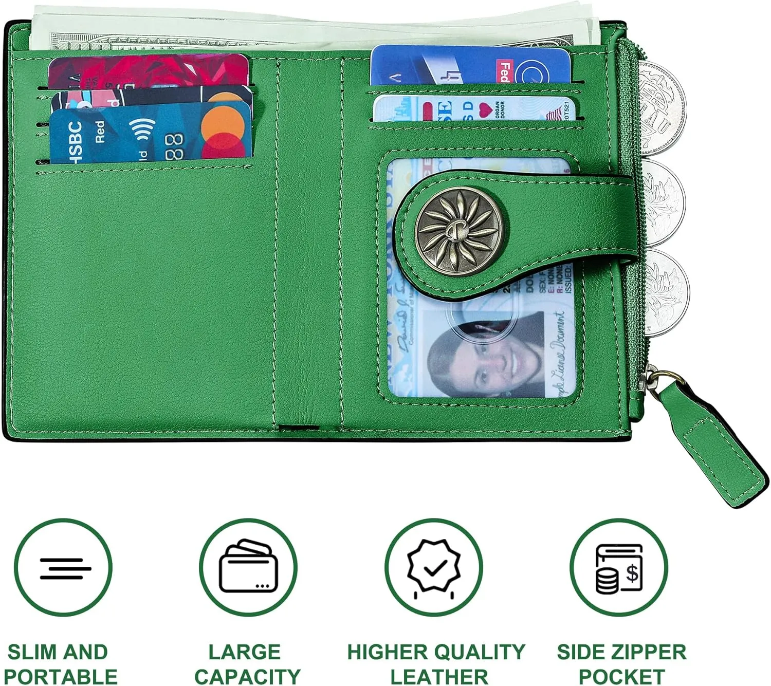 Tipmile Small Wallet for Women Bifold RFID Blocking Card Holder Leather Wallets with Zipper Coin Pocket, Forest Green, Casual