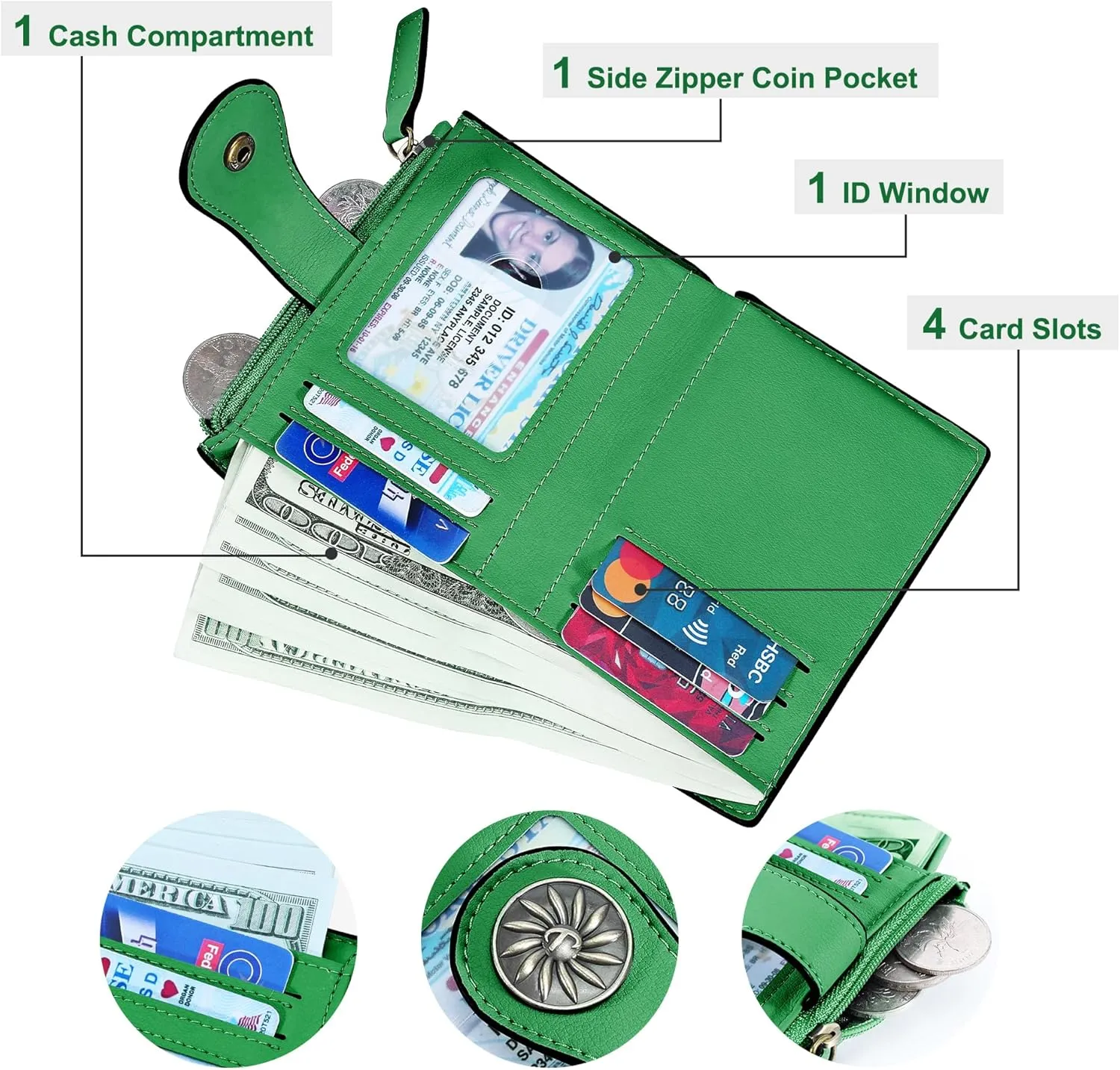 Tipmile Small Wallet for Women Bifold RFID Blocking Card Holder Leather Wallets with Zipper Coin Pocket, Forest Green, Casual